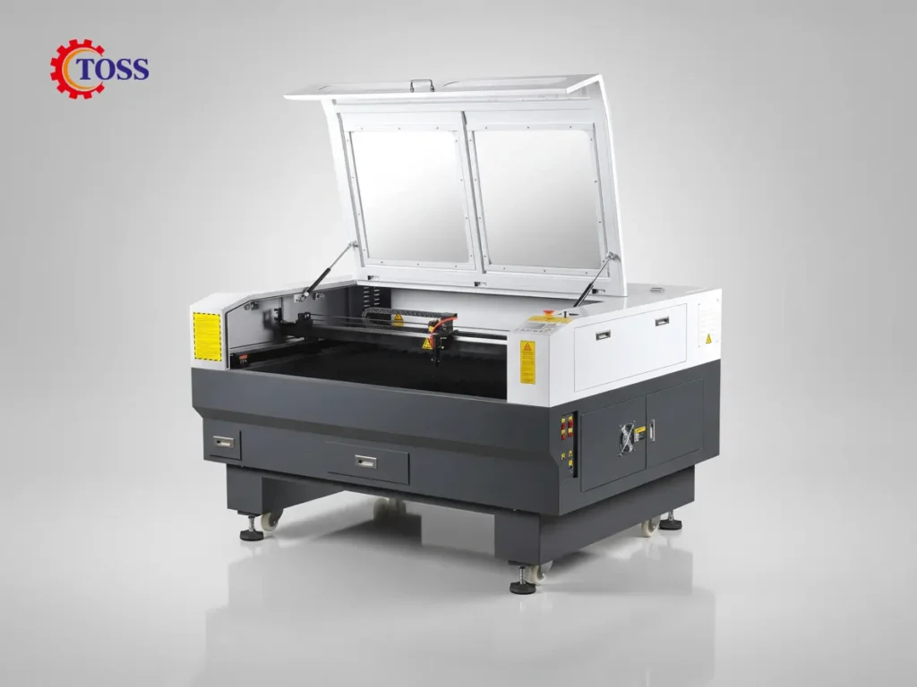 Industrial CO₂ laser cutting and engraving machine with enclosed design and lift-up lid.