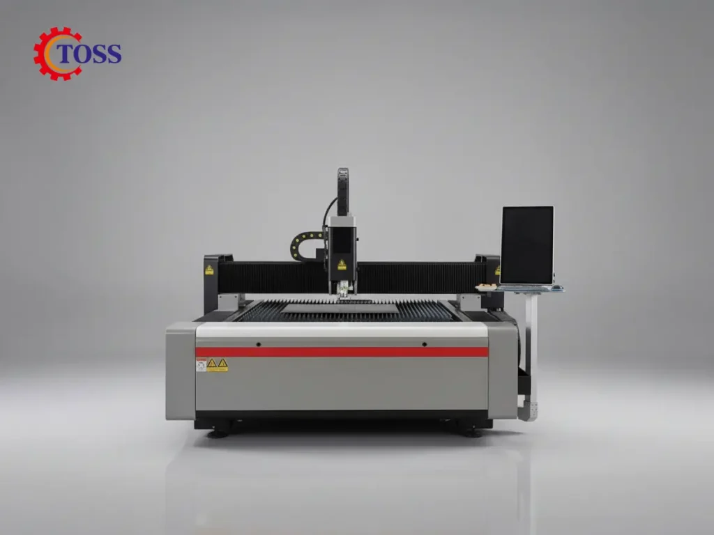 Industrial CNC fiber laser cutting machine with flatbed and control monitor.