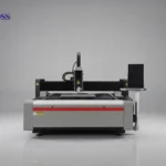 Industrial CNC fiber laser cutting machine with flatbed and control monitor.